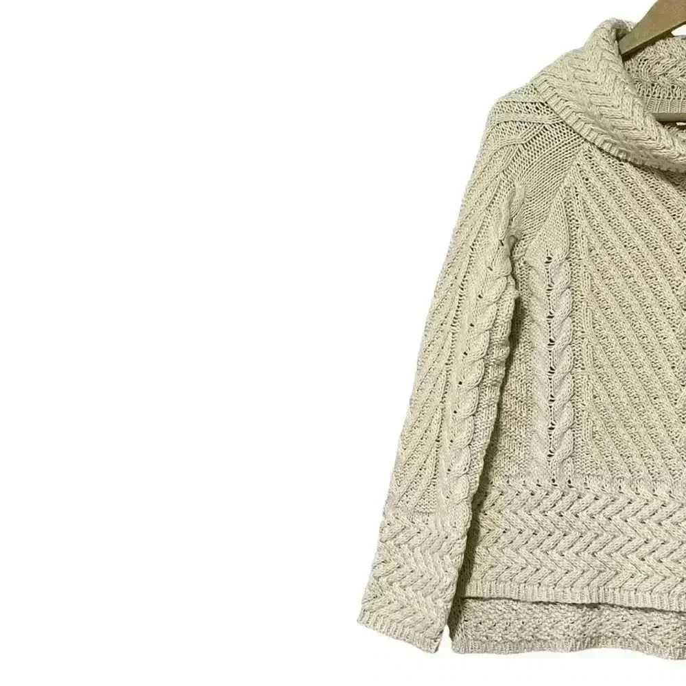 Hem & Thread Cable Knit Turtleneck Sweater Medium Ecru Hi-Lo NWT - Picture 5 of 12